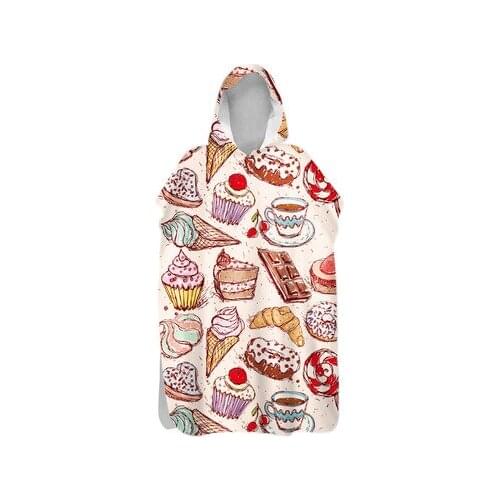 Sweet Food Pattern Beach Poncho Towel Quick Drying Wetsuit Changing Robe Cloak Towel Absorbent Soft Hooded Bathrobe Beachwear
