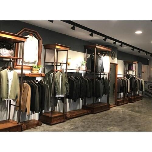 Retro mens clothing store shelf clothing display rack floor type combined womens clothing shelf display cabinet