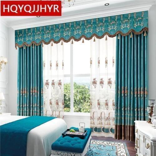 European-style top luxury Velvet embroidered curtains for Living Room High-end custom classic Blue villa curtains for Bedroom