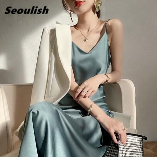 Seoulish Summer Sexy Satin V Neck Womens Dress Solid Spaghetti Strap Sleeveless Backless Minimalism Female Party Dress 2021 New