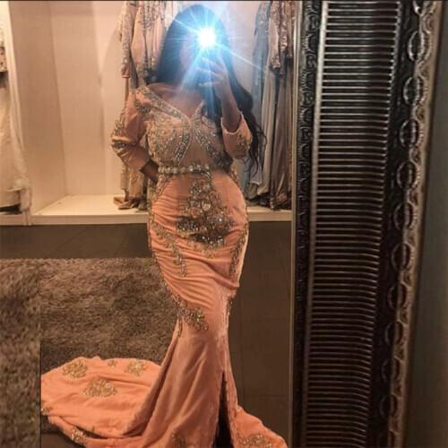 Amazing Beads Crystals Velour Mermaid Moroccan Kaftan Dubai Evening Dress Sexy V Neck Long Sleeves Muslim Saudi Arabia Prom Gown