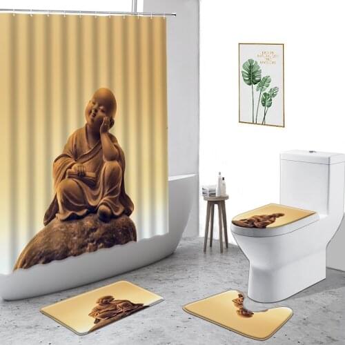 3D Zen Waterproof Shower Curtain Guanyin Little Monk Home Decoration Set Anti-Slip Carpet Toilet Cover Bath Curtains With Hooks