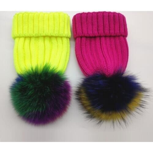 Winter Kid girl Child thick Real fox fur pom pom knitted beanies skullies hat Womens curled warm Ski hat Bonnet gorros cap