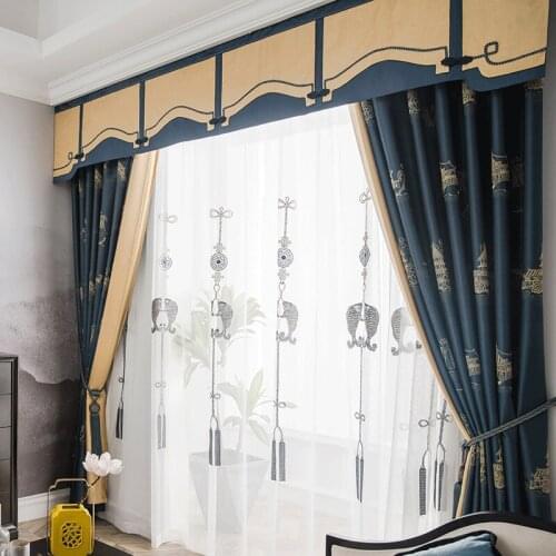 Custom curtains High-quality classical Pavilion jacquard thick blue Color matching blackout curtain valance tulle panel M1035