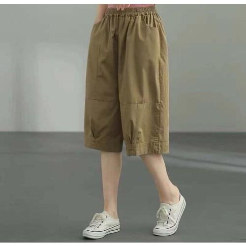 Cotton plus size womens summer new style pants womens thin loose and thin wide-leg pants casual all-match five-point pants