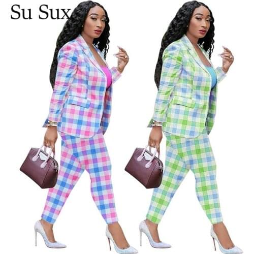 Office Lady Plaid Two Piece Set Women Outfits Blazer Coat Top&Pencil Pants Set Tracksuit Matching Sets Vestidos 2020 Autumn