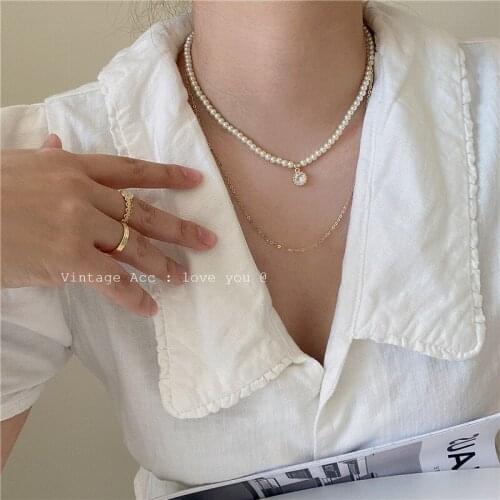 2021 New Korean Elegant Pearl Double layer Zircon Simple Metal Geometric Choker Necklace for Women Girls Aesthetic Jewelry