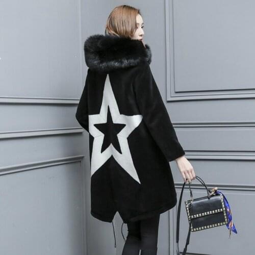 Real Wool Fur Coat Female Sheep Shearing Overcoat With Natural Fox Fur Collar Hooded Wool Winter Jacket Women YMXX0118