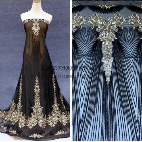 1 yard New Fshion style Blak & gold/ black /white sequins on netting embroidered wedding/brides/evening dress lace fabric