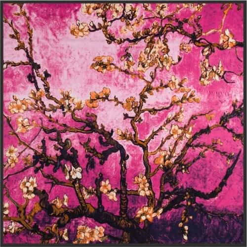 130cm Van Gogh Oil Painting Square Scarf Apricot Flower 2021 Brand Women Silk Scarf Bandanna Twill Print Shawl Head ScarvesStole