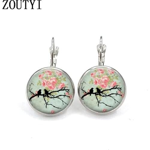 2019/New flowering two bird earrings, convex glass inlay earrings, ladies wear earrings jewelry gifts