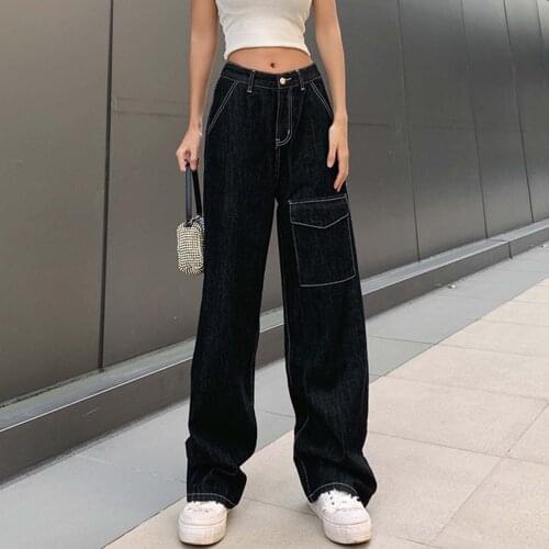 2021 Women High Waist Long Jeans Pants Pockets Zipper Female Denim Trousers Spring Vintage Simple Casual Loose Wide Leg Pant#F30
