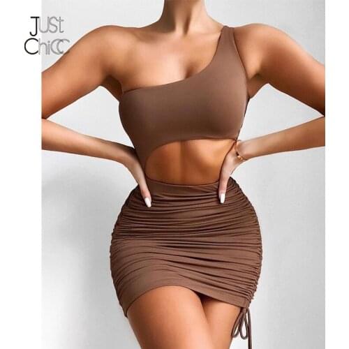 Justchicc Hollow Out Sexy Mini Bodycon Dress Women Ruched Backless One Shoulder Club Party Summer Dress 2021 Fashion Vestdios