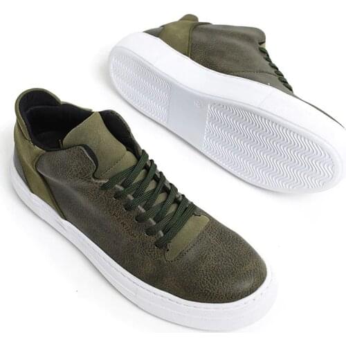 Men & Women Sneakers Khaki Artificial Leather Casual Shoes Laced Unisex Spring Wedding Walking Sport High Top Dark Green Vulcanized Air Lightweight Running White Base Daily Street Fashion CH004 V4
