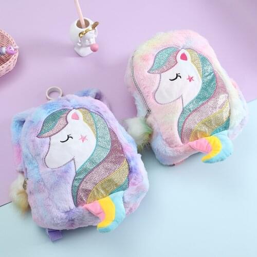 Childrens Plush Backpack Creative Unicorn Cartoon Rainbow Tail Backpack Little Princess Backpack Girl