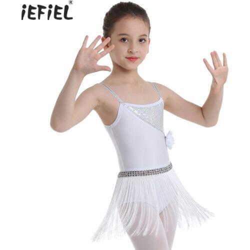IEFiEL Kids Girls Latin Leotard Ballet Dress Shiny Sequined Latin Rumba Dance Dress Leotards for Girls Dancewear with Tassels