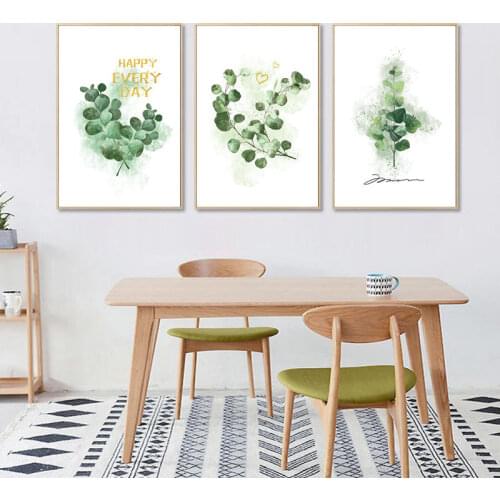Nordic Watercolor Plants Leaf Canvas Painting Golden Words Botanic Wall Art Poster Scandinavian Decorative Picture Home Decor