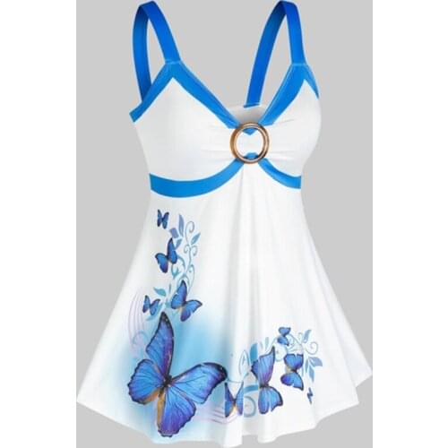 Tank Top Women Sleeveless Shirts Summer Elegant Ladies Casual Butterfly Print O Ring Tanks Strappy Vest Tops Shirt femme