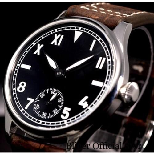 Fashional Men Wristwatch 44mm 6498 Hand Winding Movement Leather Strap Nologo Black Dial