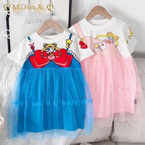 Girl Cartoon Dress 2021 Summer New Beauty Girl Fake Two Pieces of Short-sleeved Mesh Yarn Peng Peng Princess Dress