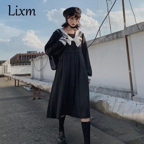 Harajuku Sailor Collar Navy Dress Japanese Lolita Sweet Bow Girl retro Cotton Kawaii Preppy Style Long Sleeve Dresses