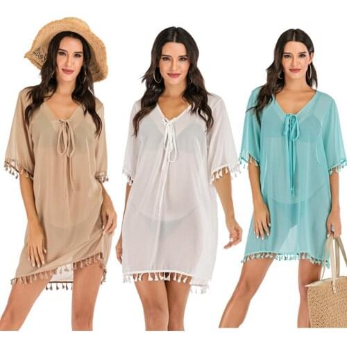 See Through Chiffon Beach Cover Up Dress Women Bikini Bathing Suit Cover Ups Solid Fringed Cardigan Beach Skirt Outdoor Vacation