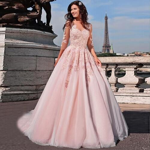 Romantic Pink Tulle Scoop Neckline A-line Wedding Dresses Applique Lace 3/4 Sleeves Bridal Dress vestido de noiva barato