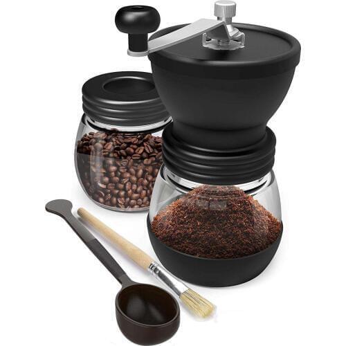 LUDA Manual Coffee Grinder With Ceramic Burrs, Hand Coffee Mill With Two Glass Jars Brush And Tablespoon Scoop