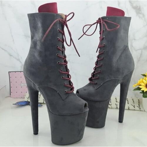 Leecabe Grey suede with RED touge 20CM/8inches High Heel platform open toe Pole Dance boots