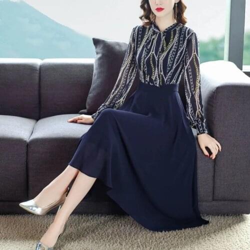 Patchwork Print Chiffon Dress Women Casual Slim Waist Long Sleeve A-Line Dress Female Spring Vintage Mid-Length Party Dress 2021