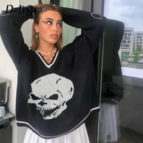 Darlingaga Harajuku Skull Print Loose Autumn Winter Sweater Women Pullovers Casual y2k Knitwear Jumpers 2020 Korean Sweaters New