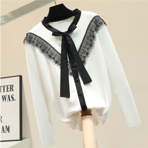 2020 Spirng Fall Sweater Womens Lace Bow Thick Loose Outer Wear Knitted Bottom Shirt Women Knit Sweater Female Pullover Clothes