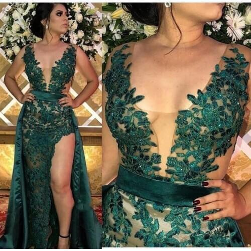 Hunter Green Split Evening Dresses With Detachable Skirt Sheer Illusion Bodice Appliqued Long Arabic Party Gowns Prom Dress Wear