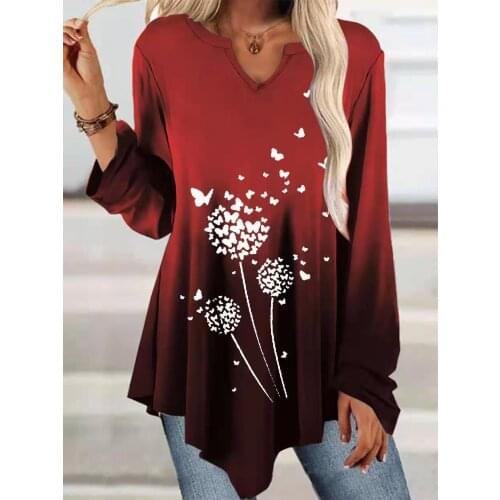 2021 gradient print flounce hem long sleeve sleeve t-shirt women
