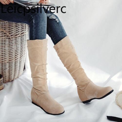 Womens Boots winter The New Flock Solid Slip-On Round head High tube Height Increasing Womens shoe plus size 30-52