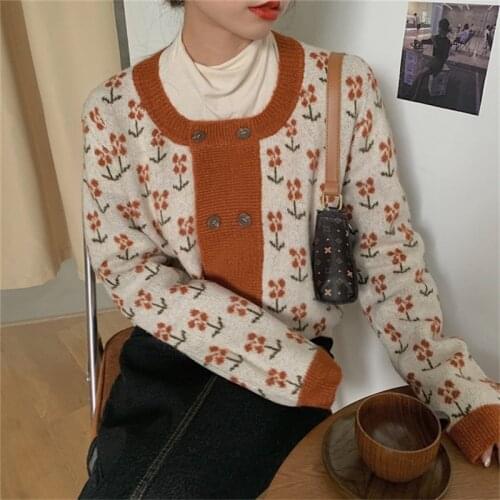 Autumn Winter Floret Retro Double Breasted Sweaters Women Cardigan O-Neck Patchwork Sweaters Long Sleeve Tops Loose Clothes