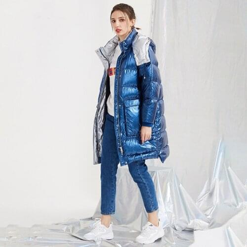 Winter New Women Medium-long Down Jacket Windproof Paded Coat with Big Pocket Bright Bread Outerwear Silver Inside