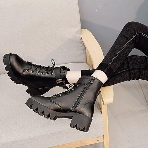 Winter New Fashion Womens Martin Boots Fashion Lace-up Side Zipper PU Boots Round Toe Mid Heel Buckle Womens Ankle Boots