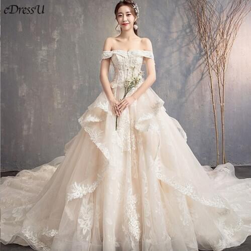 2020 Sweet Wedding Dress Boat Neck Lace up Bridal Dress Corset Bridal Gown Monarch Train Wedding Gown Robe de Mairee OY-Y699