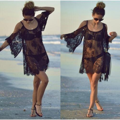 2021 Women Beach Dress Sexy Strap Sheer Floral Lace Embroidered Crochet Summer Dresses Hippie Boho Dress Vestidos Beach Wear