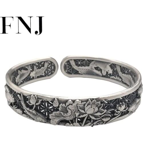 FNJ 990 Silver Bangles for Women Jewelry 100% Original S990 Sterling silver Bangle Fish Lucky Lotus Flower Hollow