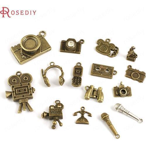 B189)Zinc Alloy Camera Tapes Telescope Gramophone Telephone Microphone Earphone Mobile Video Player Charms Pendants