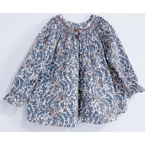 Baby Girls Blouse Hand Smocking Vintage Floral Korean Style Top Toddler Girl Clothes Autumn Blouses 0-4Y