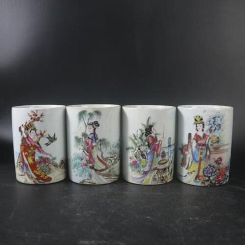 Four beautiful pictures of old porcelain famille rose pen holder and chopstick holder,4 pieces/pack
