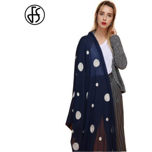 FS Ladies Embroidere Cotton Long Scarf Polka Dot Shawl Wrap Fashion Womens Linen Scarves Hijab Bandana Black Blue Pashmina