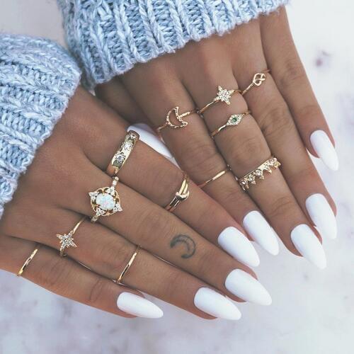 13pcs / lot Bohemian Gold Crown Star Moon Opal Rope Knot Finger Joint Ring Female Personality Wedding Party Jewelry Accessories