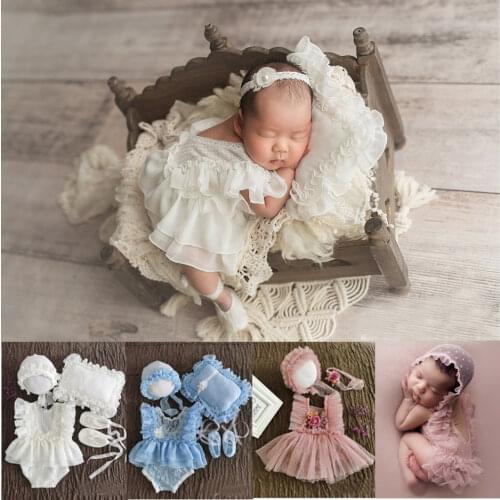 0-1Month Newborn Photography Props Baby Hat Headband Lace Romper Bodysuits Outfit Baby Girl Dress Costume Photography Clothing