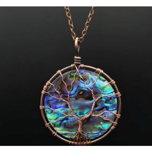 Round Natural Abalone Shell Necklaces Tree of Life Pendants Seashell Necklace for Women Men Handmade Reiki Charm Jewelry Gifts