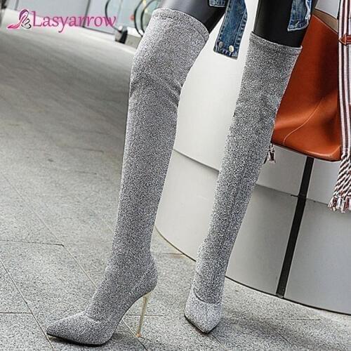 Lasyarrow Winter Thigh High Boots Women Slim Stretch Thin Heel Over the Knee Boots Glitter Super High Heel Shoes Lady Fall