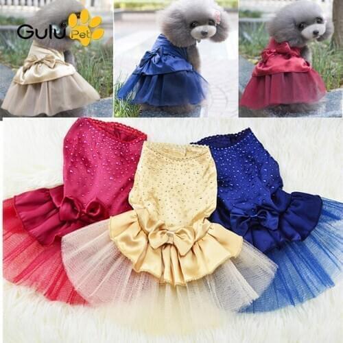 Summer Dog Dress Cute Pet Dog Clothes Small Dog Wedding Dress Skirt Puppy Clothing Drill Bowknot Skirt Elegant Pet Costumes